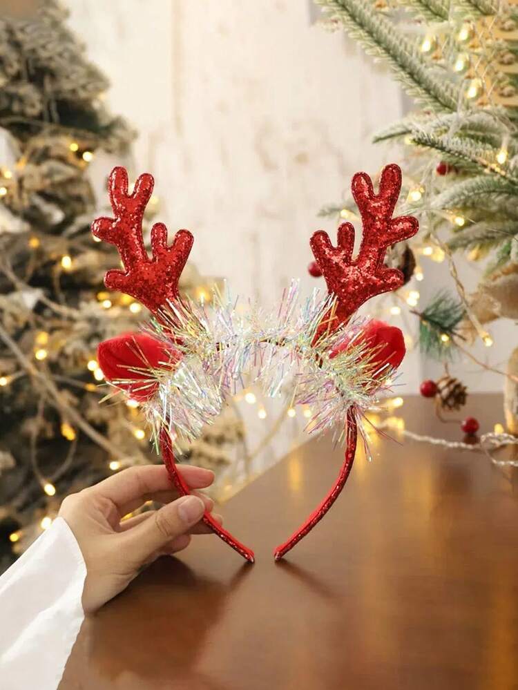 1件装女士可爱鹿角发箍，涤纶材质，圣诞派对配饰，发饰，发带，发箍，女士发箍，秋季服装，圣诞装饰家居节日必备头饰 - 彩色 - 查看 11