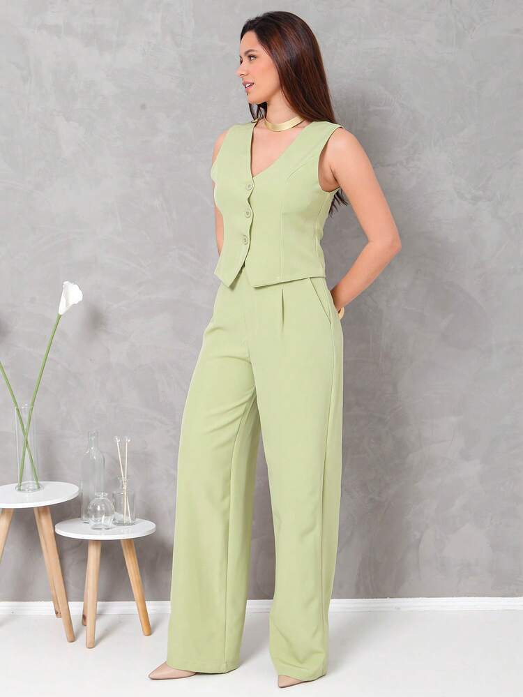 Women's Vest And Tailored Trousers Set - 綠色 - 查看 3