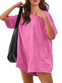 Women's Summer Oversized Athletic Jumpsuit Casual Short Sleeve Romper With Pockets - Loose Fit Playsuit Tracksuit Style - 玫紅色 - 查看 3