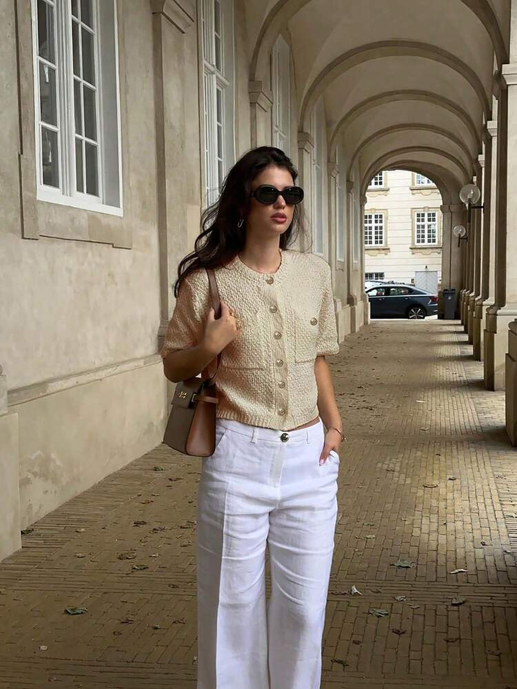 FOR BEAUTY Round Neck Solid Color Spring/Summer New Short Sleeve Knit Cardigan, Ribbed Pockets, Fashionable, Comfortable & Soft, New Year Item - Light Apricot - View 6