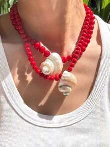 1pc Red Seashell Beaded Necklace, Elegant Sexy Glossy Pearl Jewelry Gift For Women, Party Accessory, Suitable For All Year Round, Special Occasion Jewelry, High Quality Pearl Strand, Romantic Gift