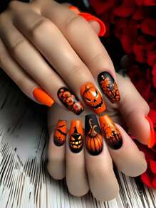 Unhas de Halloween, Unhas Postiças Amendoada, Unhas Marrons, Suprimentos de Unhas, Unhas Y2k, Peças de Arte de Unhas Engraçadas de Comprimento Médio Ballet Unha Abóbora Flor Morcego, 24 Peças Destacáveis Remendos de Arte de Unhas Laranja, Unhas Falsas Reutilizáveis, Remendos de Unhas de Presente de Feriado de Halloween Adequados para Senhoras e Meninas, Moda, Brilhante e Remendos de Unhas Falsas de Alta Qualidade