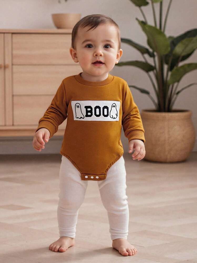 Baby Boy Girl Halloween Romper Pumpkin Letter Crew Neck Long Sleeve Sweatshirt Jumpsuit Cute Fall Clothes - Yellow - View 3