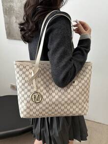 Large Capacity Letter Print Tote Bag, Plaid Shoulder Bag For Women, Commute Style - White - View 3