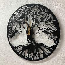 Tree Of Life Metal Wall Clock, Black Large Wall Clock, Silent Mid Century Wall Clock, Tree Clock, Modern Living Room Clock, Horloge Murale] Chic Metal Wall Wall Sculpture Detailed Cutout Metal Wall Decor Metal Tree Wall Decor Metal Wall Decor With Birds - 黑色 - 查看 4