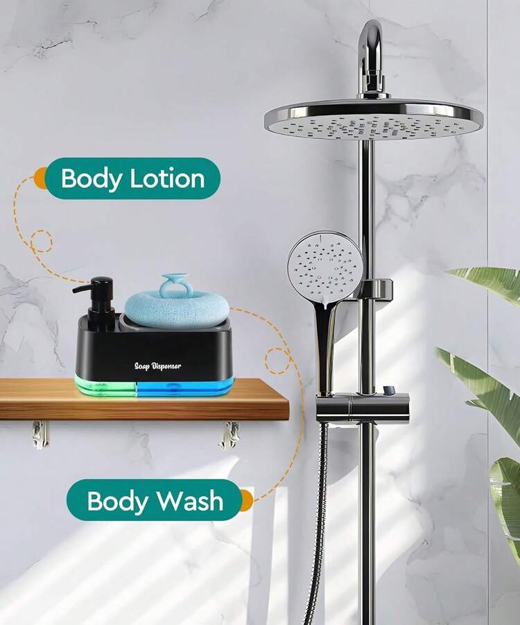 Hand And Dish Soap Dispenser Set For Kitchen, Dual Soap Dispenser With Sponge Holder, 3-In-1 Countertop Soap Pump Dispenser For Kitchen Sink, Useful Kitchen Gadgets - 黑色 - 查看 5
