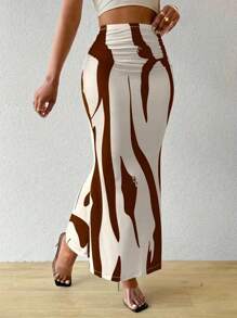 Women's Waist Ruched Fish Tail Hem Printed Elegant Skirt - Brown - View 1