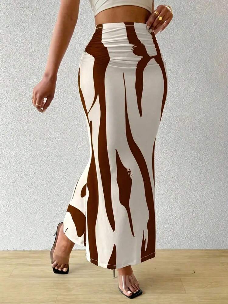 Women's Waist Ruched Fish Tail Hem Printed Elegant Skirt - Brown - View 1