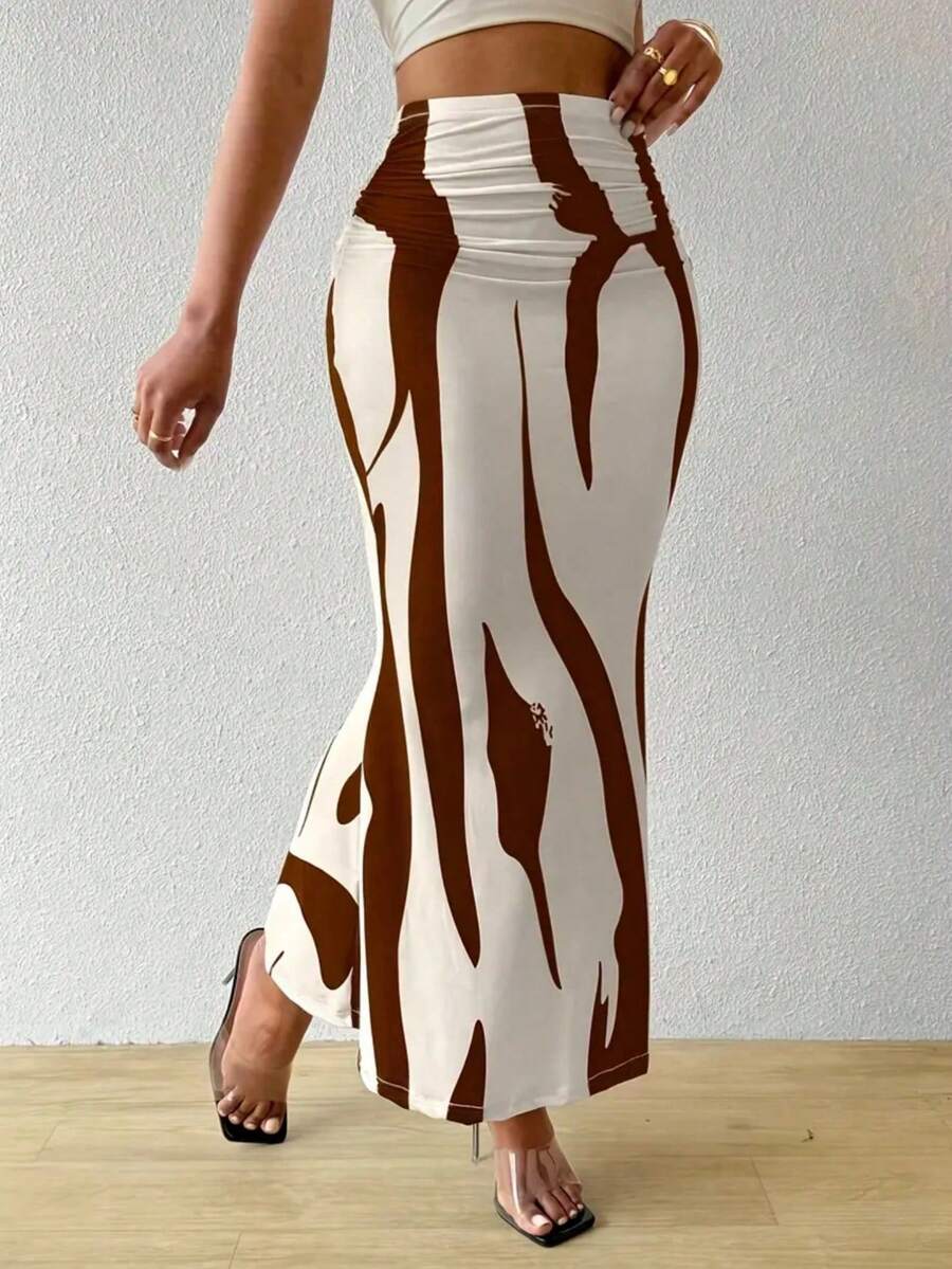 Women's Waist Ruched Fish Tail Hem Printed Elegant Skirt - Brown - View 1