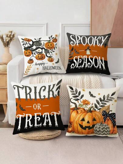 4pcs Halloween Element Pillow Covers (Pillow Insert Not Included), Soft & Comfortable Single-Sided Printed Pillow Covers, Suitable For Bedroom, Living Room, Sofa, Halloween Party Decoration