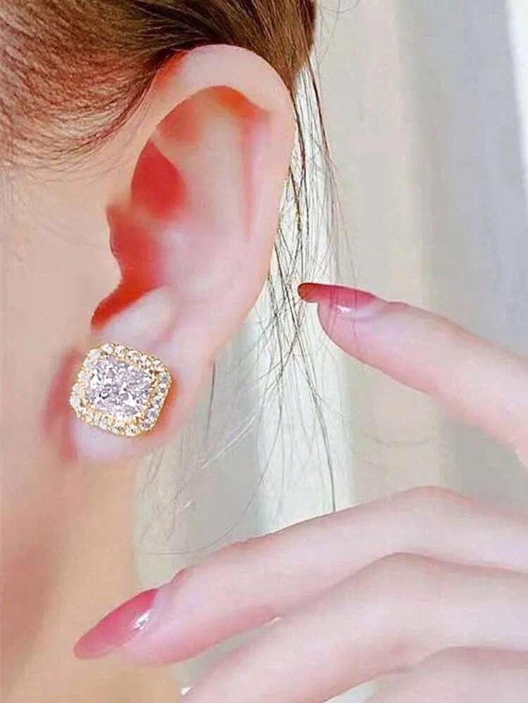 1 Pair Elegant Cubic Zirconia Stud Earrings, Suitable For Women, Suitable For Weddings, Engagements, Anniversaries, Parties, Valentine's Day And Other Occasions - Yellow Gold - View 4