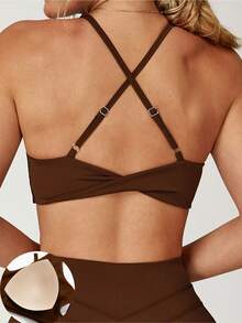 ATTRACO Áo ngực thể thao nữ cổ chữ V sâu, dây chéo, không lưng, thích hợp cho tập luyện ngoài trời, chạy bộ, tập thể dục, Pilates mùa xuân. - màu nâu - Xem 2