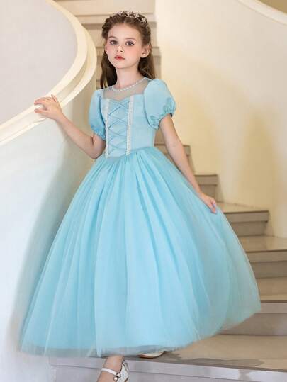 少女蓝色公主风婚礼花童礼服，优雅公主裙，适合儿童生日派对、婚礼花童、正式场合、节日礼服、晚宴礼服