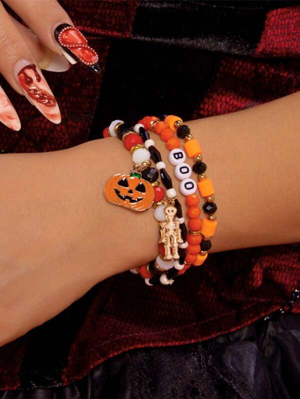 4 Stücke Gothic Schädel & Kürbis Anhänger Armband Set, Frauen Halloween Party Schmuck Geschenk