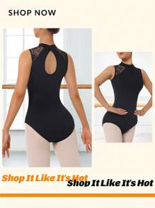 Women's Turtleneck Flower Lace Sleeveless Camisole Ballet Dance Leotards For Adult Gymnastics Dance Practice Tank Tops With Water-Drop Hollow Back And Soft Front Lining Ballet Dance Costumers - Black - View 2