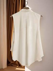 女士纯色无袖上衣，蝴蝶结领口，前短后长下摆，优雅休闲夏季上衣 - 杏色 - 查看 3