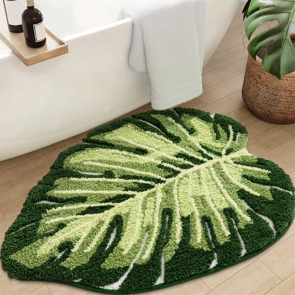 Green Leaf Bath Rug For Bathroom Soft And Absorbent Bath Mat Non-Slip Fuzzy Floor Rug For Home