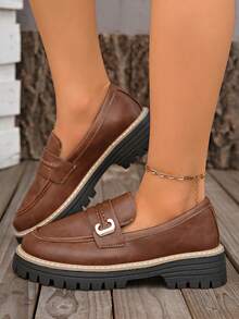 女士简约乐福鞋，时尚朋克圆头中跟鞋，舒适时尚，百搭休闲鞋 - 棕色 - 查看 5