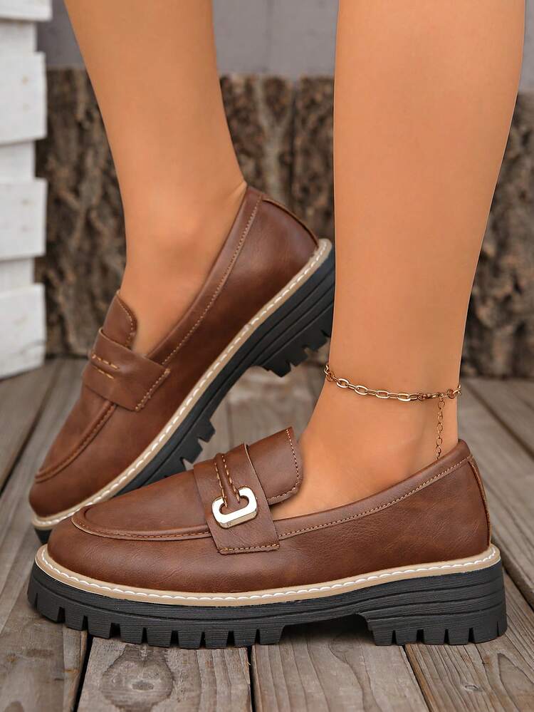 女士简约乐福鞋，时尚朋克圆头中跟鞋，舒适时尚，百搭休闲鞋 - 棕色 - 查看 5