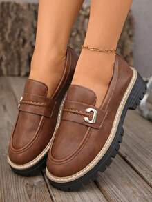 女士简约乐福鞋，时尚朋克圆头中跟鞋，舒适时尚，百搭休闲鞋 - 棕色 - 查看 6