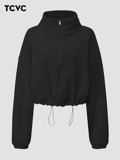 TCVC 女士纯色保暖高领拉链卫衣，秋冬休闲长袖抽绳外套，女士室内外运动服，柔软面料，百搭