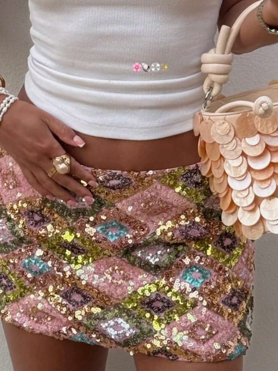 Womens Y2k  Sparkle Sequins Mini Skirts Mid Rise Shiny Glitter Short Skirts Summer  Retro Grunge Skinny Skirts  Casual Going Out Shiny Glitter Skirts Party Club Daily Streetwear Clubwear - 粉色 - 查看 1