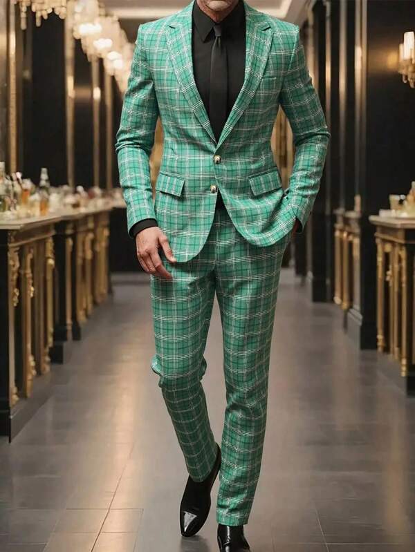 2 piezas Conjunto de chaqueta y pantalones de traje a cuadros verdes para hombre, adecuado para ocasiones casuales, de negocios, bodas, fiestas, banquetes y eventos formales