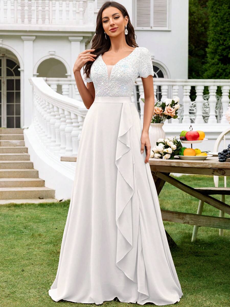 MIUSOL Đầm maxi dạ hội bằng chiffon, cổ chữ V sâu, đính sequin và ren, viền bèo nhún, thích hợp cho khách dự đám cưới, lễ tốt nghiệp, tiệc gala và các dịp khác, màu trắng mùa xuân.