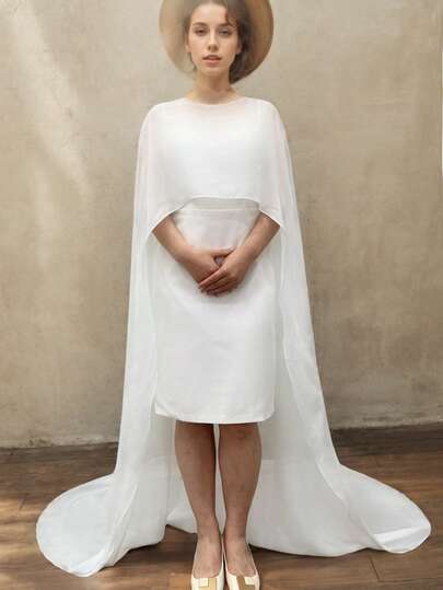 1pc Detachable Chiffon Simple Long White Bridal Cape/Shawl, Photoshoot Accessory Fall Clothes For Women