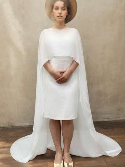 1 pieza Capa/Chal nupcial blanco largo y simple de gasa desmontable, accesorio para sesión de fotos, ropa de otoño para mujer