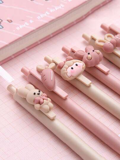 1/3/6支卡通中性笔 可爱贴纸按钮笔 学生考试/办公签字笔 0.5mm黑色墨水 可爱女孩按钮中性笔 学生学习文具 考试签字笔