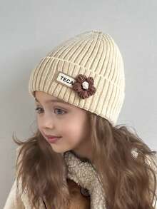 1 Girl's Knitted Hat Cute Flower Baby Bean Hat Winter Thick Warm Knitted Hoodie For Preschool Children And Girls Wool Crochet Headscarf Halloween Accessories