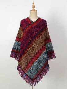 1pc Women Solid Color Button Tassel Knitted Poncho Shawl, Fashionable Casual Warm Wear For Vacation And Daily Use