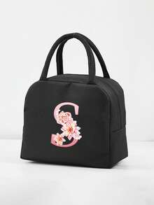 1 件隔热午餐袋 - 黑色帆布轻便便携式冷藏袋，带粉色花卉字母图案保温午餐盒手提袋，适用于学校办公室野餐露营和旅行；多功能食品储存袋可重复使用手提包，适合男孩女孩学生教师和专业人士，女士后印花午餐袋，学校午餐盒 - 黑色 - 查看 4