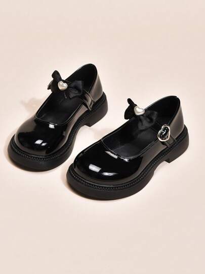 Girls' Sweet Bowknot & Heart Decor Patent Leather Princess Shoes, Korean Fashion Elegant British Style School/Performance Shoes