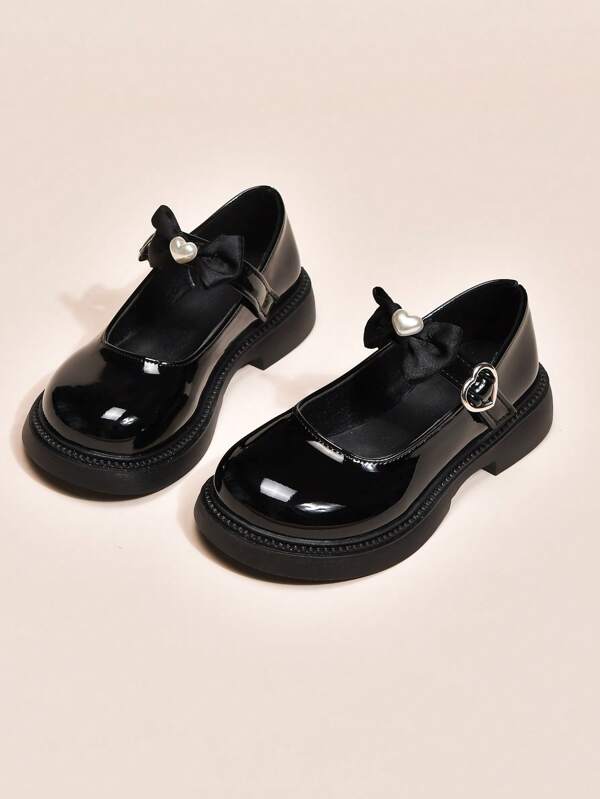Girls' Sweet Bowknot & Heart Decor Patent Leather Princess Shoes, Korean Fashion Elegant British Style School/Performance Shoes