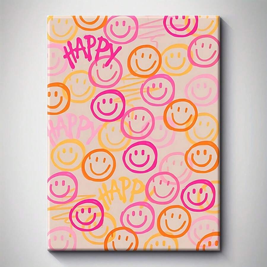 1pc 30*40cm(12*16inch) Framed Happy Smiling Cartoon Canvas Art Print Bright Orange And Pink Frame Wall Decor For Living Room, Bedroom, Office And Other Happy Home And Holiday Decorations, Wrapped Solid Wood Frame, High Quality Canvas Artwork, Funny Wall Art