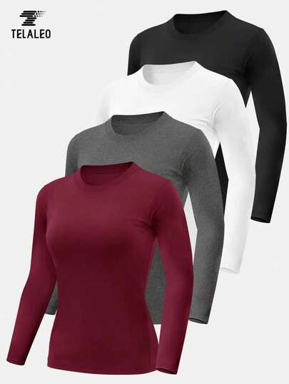 TELALEO 4 件装女式压缩衬衫长袖吸湿排汗运动衫高性能健身内衣运动上衣运动装备