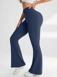 YZMJAFU 女士高腰喇叭裤，交叉弹力腰带设计，休闲百搭修身阔腿裤，弹力面料，凸显曲线，瑜伽/健身紧身打底裤，高腰裸感提拉收腹裤 - 柔软材质 - 藍色 - 查看 4