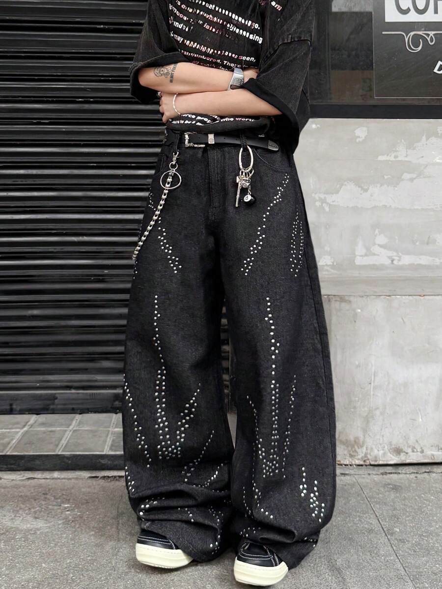 Infinite Jeans 1pc American Vintage Personalized Rhinestone Distressed Ripped Wide Leg Jeans Loose Fit Long Pants For Men (Product Does Not Include Belt And Accessories) - Black - View 1