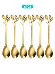 2/6/12/20pcs Stainless Steel Leaf Shaped Coffee/Dessert/Tea Spoons, School Supplies - Gold - View 9