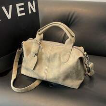 New Vintage PU Leather Women Handbag, Fashion Zipper Shoulder Bag With Detachable Strap, Women Work Travel 2-In-1 Bag, Gray, Black, Green - Khaki - View 11