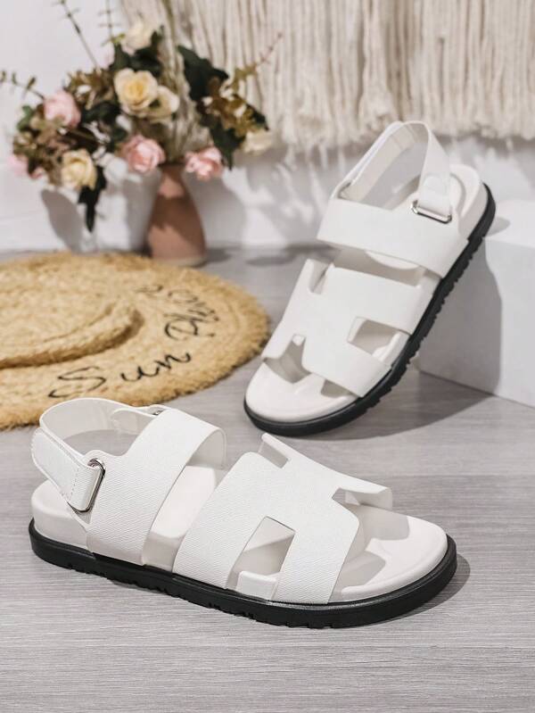 Women's Casual Beach Sandals, Neutral PU Leather Hook And Loop Flat Slippers, Outdoor Summer Plus Size