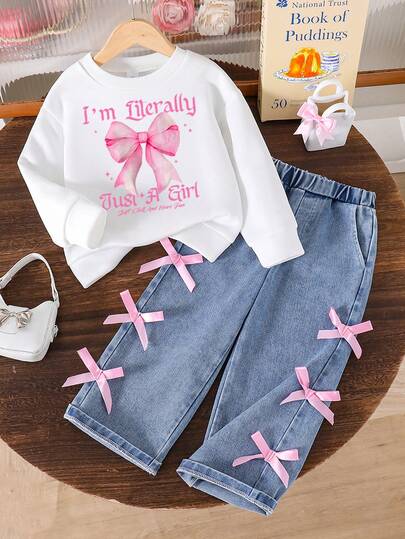 幼儿蝴蝶结装饰印花保暖圆领运动衫和牛仔裤套装