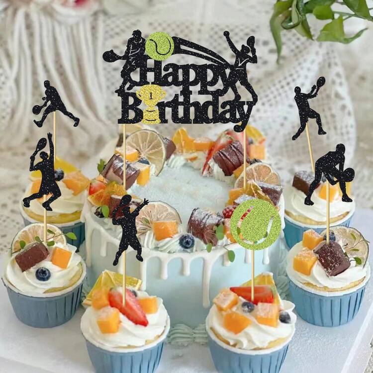 1/13 件网球生日蛋糕装饰生日快乐标志蛋糕装饰适用于网球拍球员运动主题生日派对用品闪光黑色装饰 - 彩色 - 查看 12