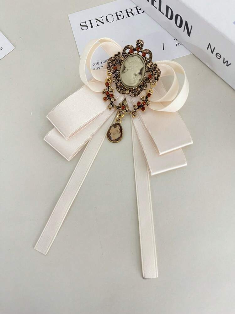 1pc Women's Elegant Plaid Shiny Sequin Cross Decor Retro Bowknot, Suitable For Party, Stage Performance, Hosting, Gathering, Polyester For Dress For Christmas Decor - Apricot - View 3