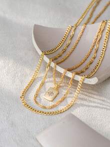 Nooxian 3pcs/Set Braided & Wavy Chain Layered Geometric Rectangle Sunflower Cubic Zirconia Pendant Necklace, Suitable For Women's Daily Wear - Yellow Gold - View 5