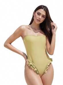 Traje de baño monokini para mujer, color sólido, tirantes finos, volantes, sin mangas, traje de baño de verano, bikini - Amarillo - Ver 7