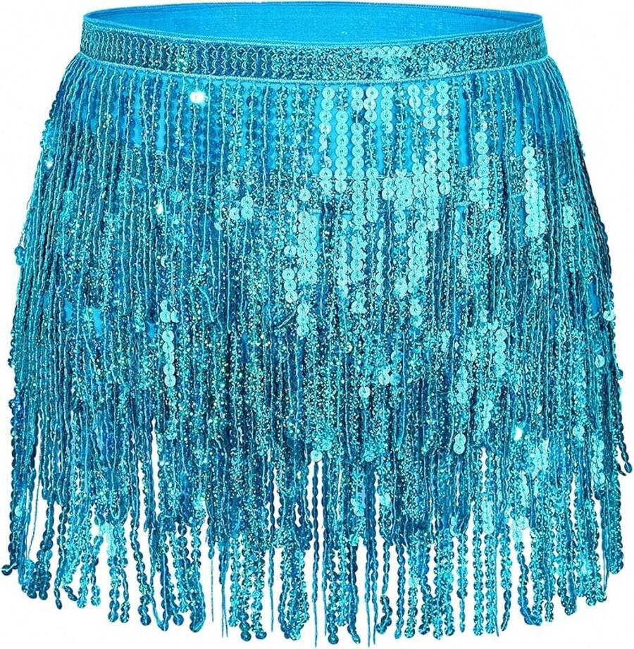 Halloween  Halloween Essentials  Party Limited Edition  Women's Belly Dance Scarf Skirt Sparkly Tassel Disco Outfits Sequin Wrap Rave Costumes Fringe Skirt - Hồ Xanh - Xem 1