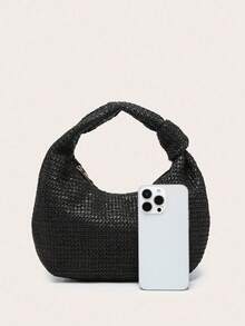 Women's Crescent-Shaped Handbag In Solid Color, Versatile And Fashionable, With Knotted Single Handle, Suitable For Carrying Under The Arm And For Travel. - Black - View 2